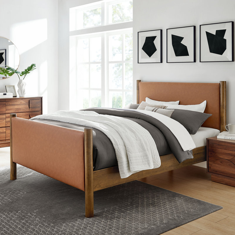 Maven Vegan Leather Upholstered Platform Bed, Solid + Manufactured Wood, Tan Walnut, Queen