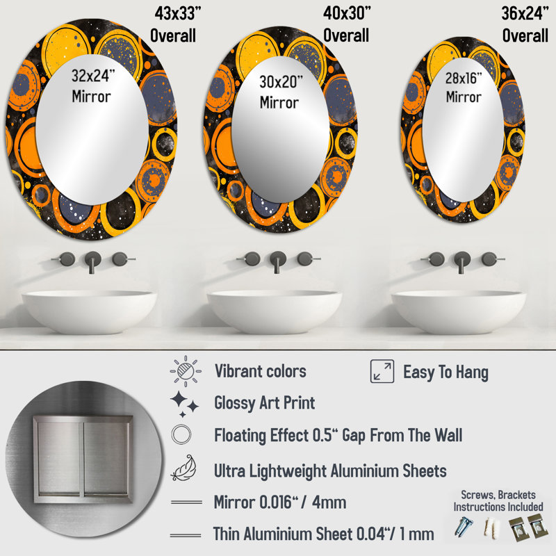 Circular Vintage Moons In Orange Yellow And Grey - Large Oval Wall Mirror On Metal, 36" x 24"