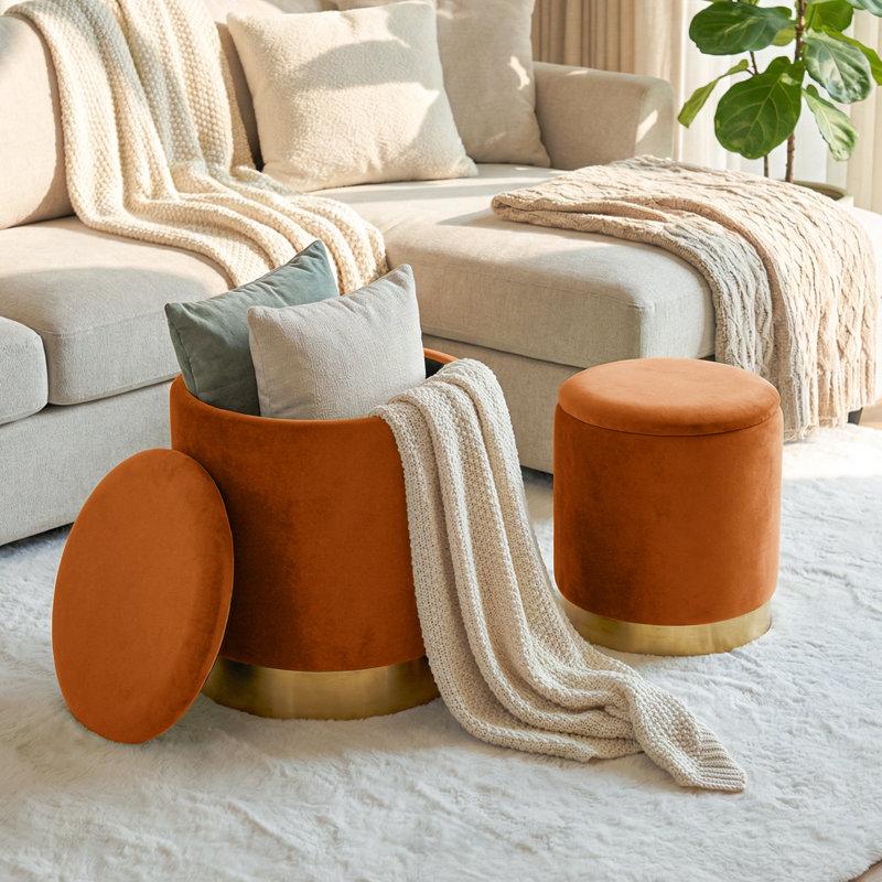 Round Ottoman With Storage and Gold Plating Base, Orange