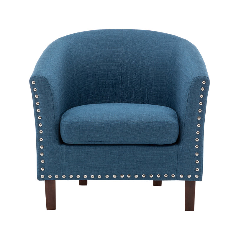 Arthenia Fabric Barrel Accent Chair with Rubberwood Legs, Blue Polyester Blend