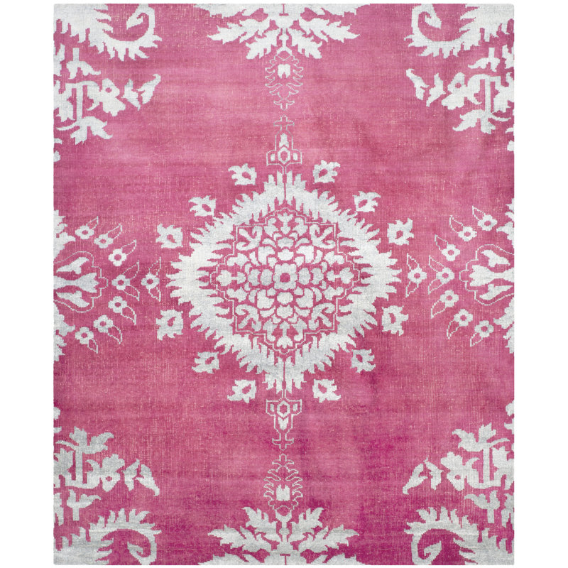 Tapis ikat en laine / viscose / coton noué à la main Stone Stone rose / blanc, Rectangle 10 pi x 14 pi