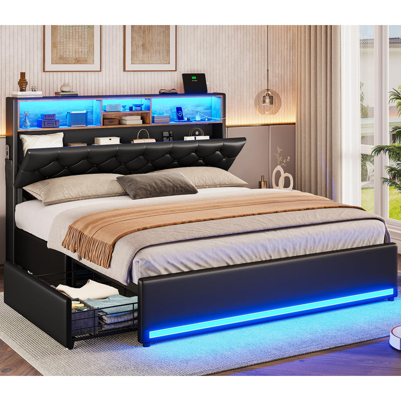 Lit plateforme tapissier avec rangement, Grand, Noir