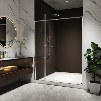 Porte de douche pivotante de 74 po de hauteur de 50 à 54 po avec verre au fini nickel brossé 5/16 po. Ouverture extérieure à 105 degrés Tangent en acier inoxydable 304. Installation rapide. 4 po.