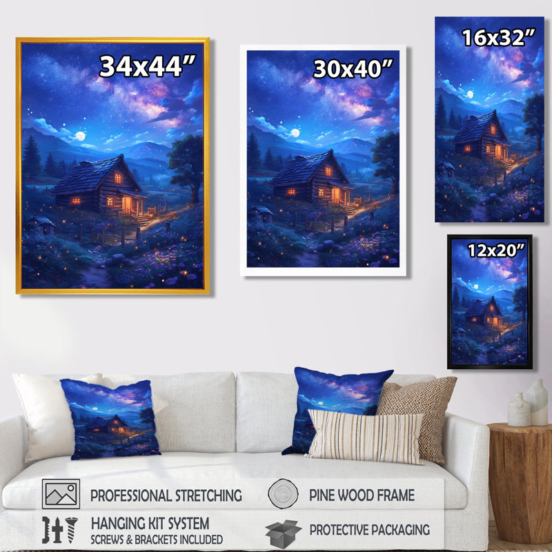 Maison de campagne sur la montagne, nuit magique - campagne, art mural, Toile tendue, H 44 po x l 34 po x P 1,5 po