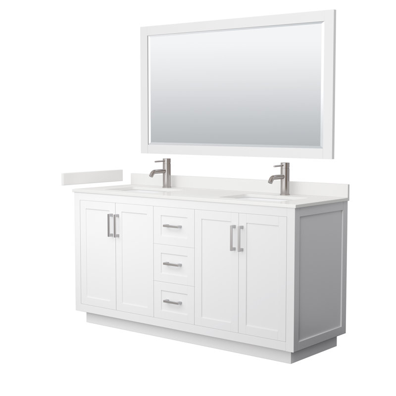 Ensemble de meuble-lavabo double autoportant 66 po avec plateau en quartz Miranda, Quartz blanc, Blanc, Nickel brossé