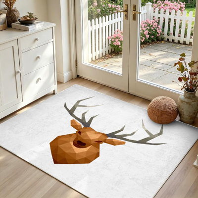 Tapis d'intérieur blanc lavable à la machine, à faible teneur en polyester, motif de cerf