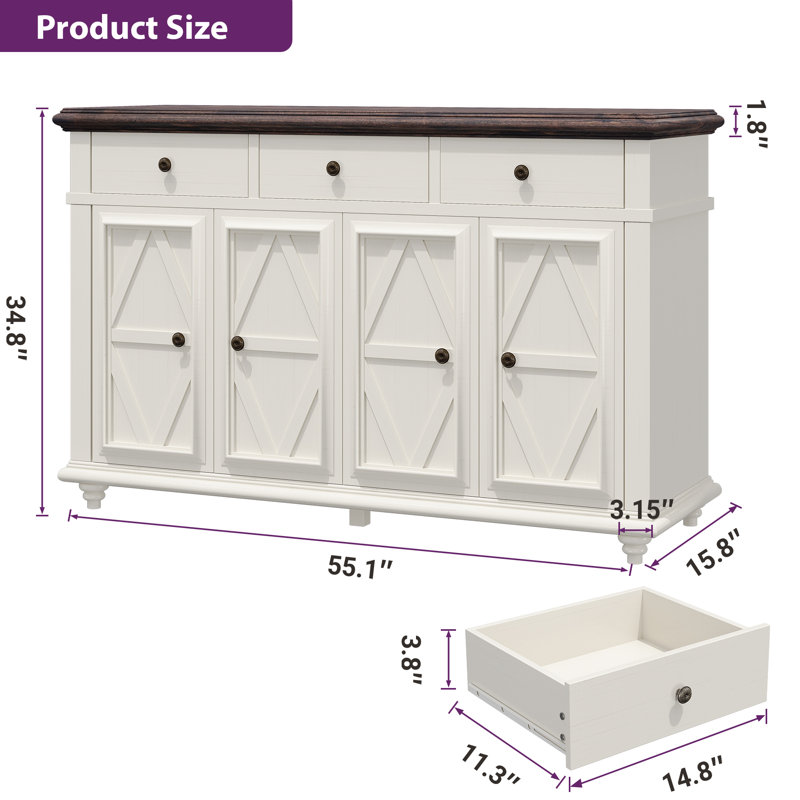 Saskia 4-Door 3-Drawer Sideboard With Farmhouse Design, White/Brown