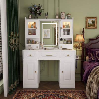Ensemble de coiffeuse moderne de 99 cm avec miroir et éclairage, table de toilette fonctionnelle avec prise électrique intégrée, blanc
