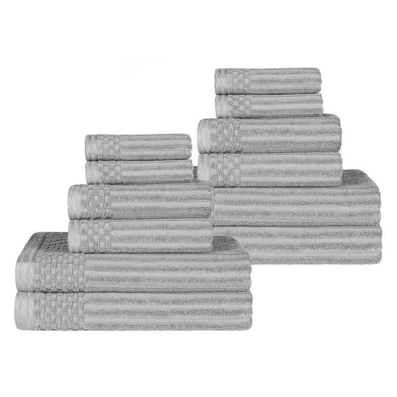 12-Piece Solid Highly Absorbent  and Checkered Border Cotton Towel Set, Silver