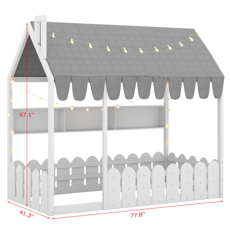 Lit simple au sol avec garde-corps, lit simple avec tente, lumières et 3 tablettes de rangement, Blanc