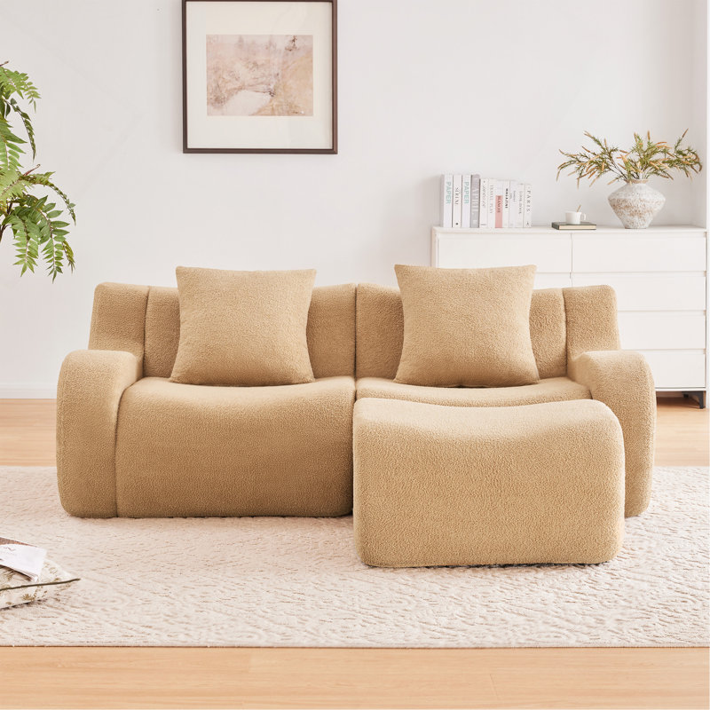 Canapé en L à 2 places sans os en forme de L, sans accoudoirs incurvés, conception épurée, conception ergonomique, éponge haute densité 32D pour les salons, aires de repos, chambre à coucher, chameau