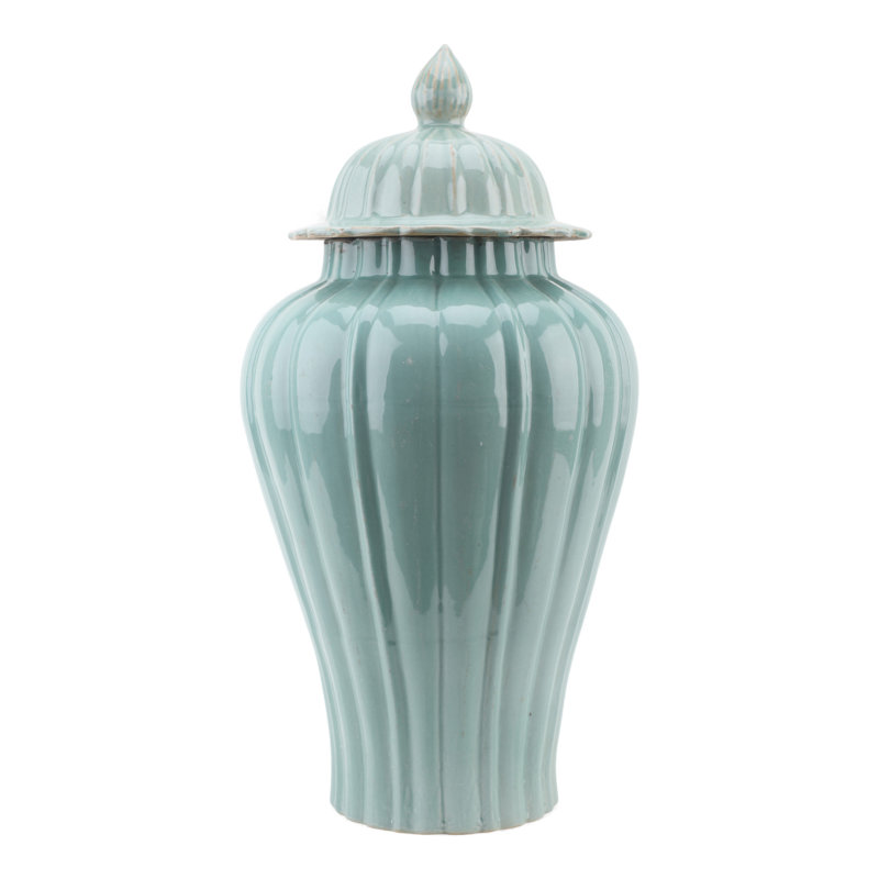 Pale Blue Fluted Jar with Lid, Green