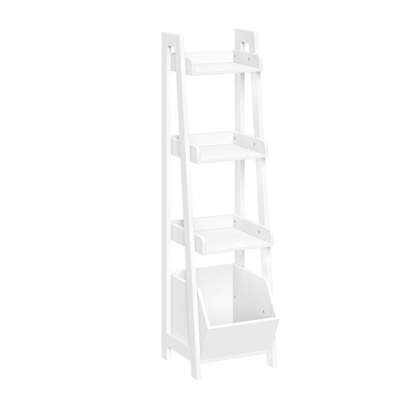 White MDF 4-Tier Kids Ladder Shelf with Storage Bin