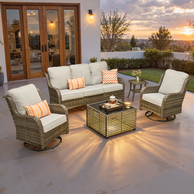 Amerissa 5 - Person Wicker Outdoor Conversation Set, Patio Swivel Chair Set with Lighted Coffee Table and Cushions