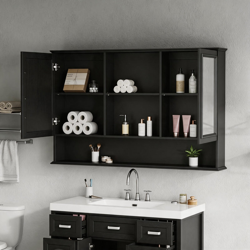 Armoire à pharmacie murale 60 po avec portes à double miroir, tablettes réglables, rangement ouvert, charnières à fermeture en douceur 60 po