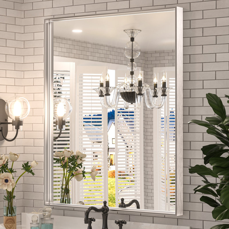 Miroir de salle de bain rectangulaire avec cadre en aluminium et verre trempé, Argent, 36 po x 30 po