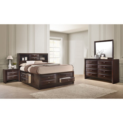 Dark Cherry Queen Storage Platform Captain's Bed With Bookcase Headboard Drawers Solid Wood Furniture