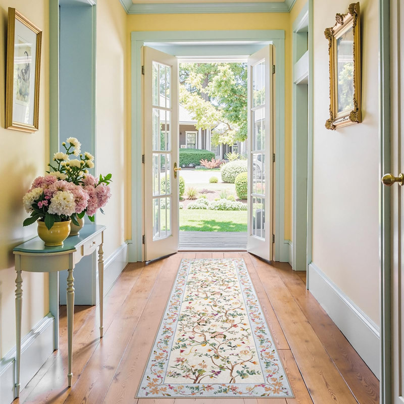 Chinoiserie Carpet Vintage Floral Rug Washable Non-slip Beige/Blue, Runner 2' x 6', Beige/Blue