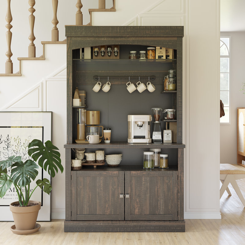 72" Farmhouse Coffee Bar Cabinet with LED Lights, Microwave Stand and Kitchen Pantry Storage Sideboard, Brown