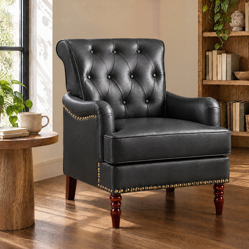 Fauteuil d'appoint capitonné en similicuir 29 po avec garniture cloutée, Noir, 1