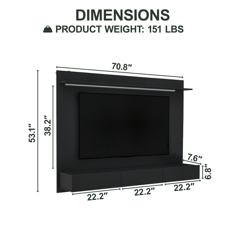 Meuble de rangement mural Melisandra pour téléviseur de 65 po, meuble télé flottant avec 2 portes coulissantes et tablettes