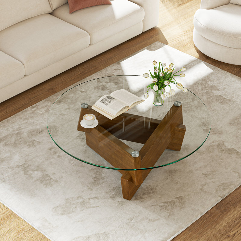 Modern Glass Coffee Table with Solid Wood Base Mid-Century Small Coffee Table for Living Room