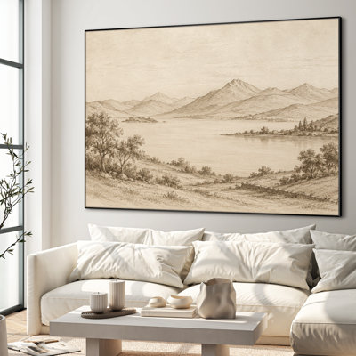 Très grand, reproduction d'art sur tissu mural - paysage de paysage de lac de montagne brun clair - "Assemblage requis (cadre non fini)"