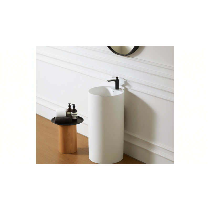 Solid Surface Pedestal Bathroom Sink 66S - 08 With Contemporary Style, 17.82" Width, 34.54" Height, Non Porous And Low Maintenance, Suitable For Hotel Bathrooms Modern Luxury Basin 08, Matte White