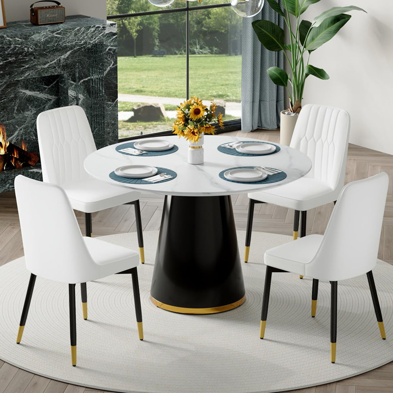 Marble Look Dining Room Table Set With Chairs – Elegant, Durable, Easy To Maintain, White, 5 Pieces: Table, 4 Chairs
