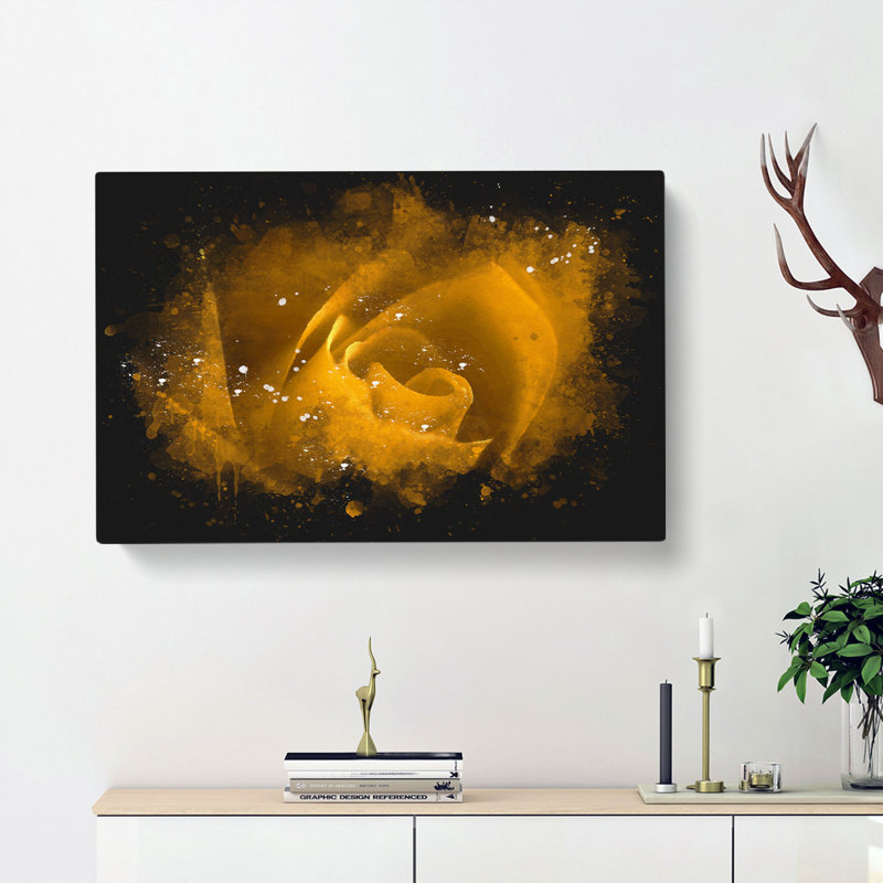 Golden Rose Flower - Wrapped Canvas Painting, 35cm H x 50cm W x 3cm D