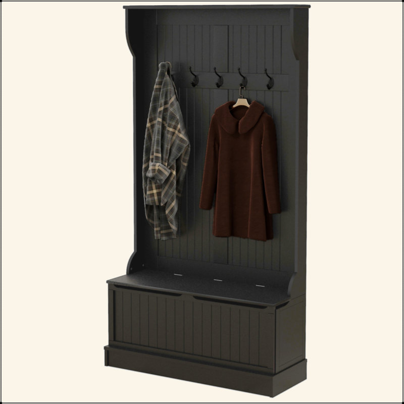3-In-1 Entryway Hall Tree With Storage Bench, Coat Rack With Four Hooks And Shoe Storage, Black
