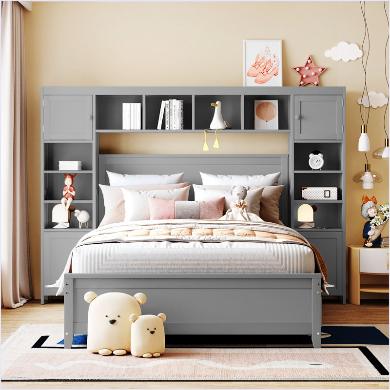 Full Size Wooden Bed With All-In-One Cabinet And Shelf, Gray