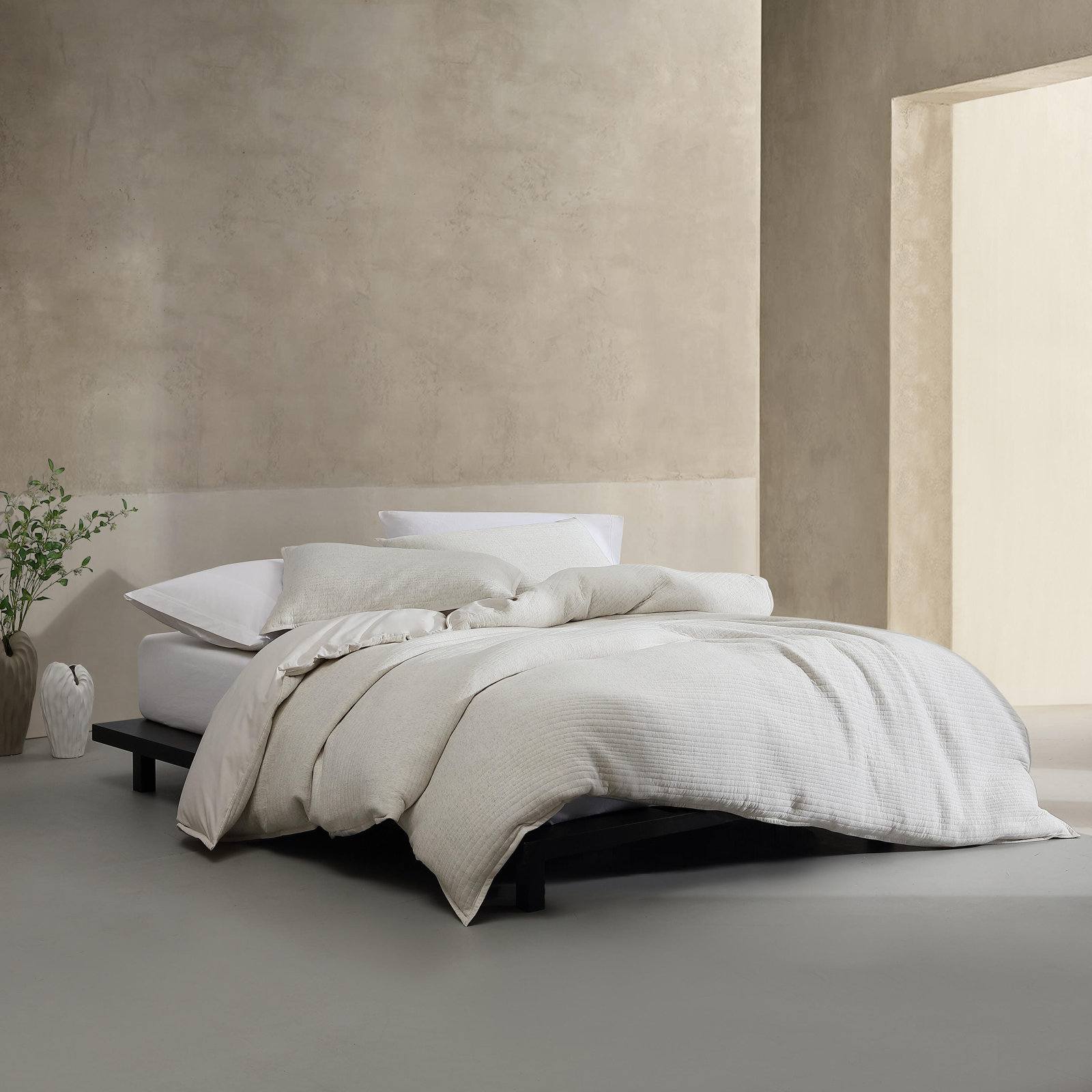 Cotton Duvet Cover Set, Queen Duvet Cover +  2 Standard Shams, Ivory/Gray