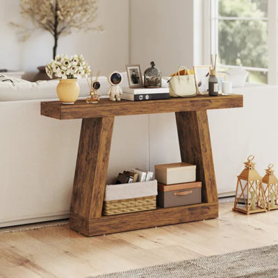 55" Farmhouse 2-tier Console Table, Rustic Brown Entryway Storage Table For Hallway, Living Room, Behind Couch