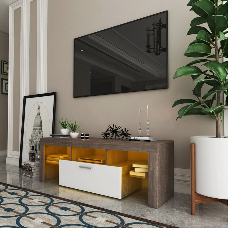 20 Minutes Quick Assembly Brown Simple Modern TV  Stand With The Toughened Glass Shelf Floor Cabinet Floor TV Wall Cabinet Brown + Whitetv Bracket  With LED Color Changing Lights For Living Room