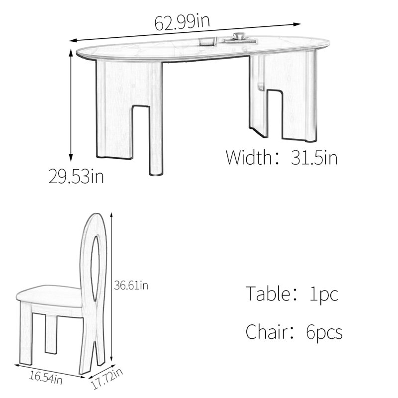 Sintered stone ash dining table set, 29.53"H x 62.99"L x 31.5"W