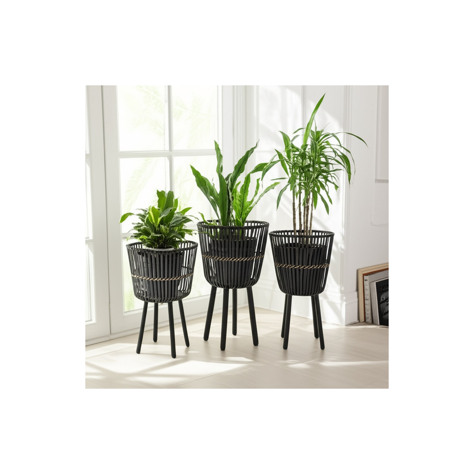 Wicker Modern Boho Bamboo Planter Set, Black, 26" H x 15" W x 15" D, Set of 3