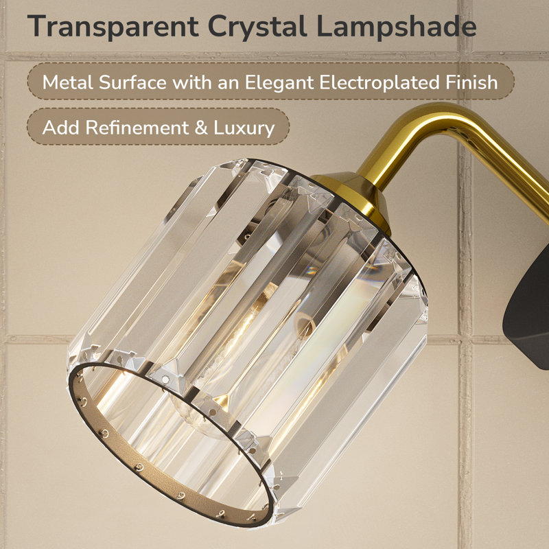 Dimmable Bathroom Vanity Light with Crystal Shade, Matte Black/Brushed Gold, 3 Lights