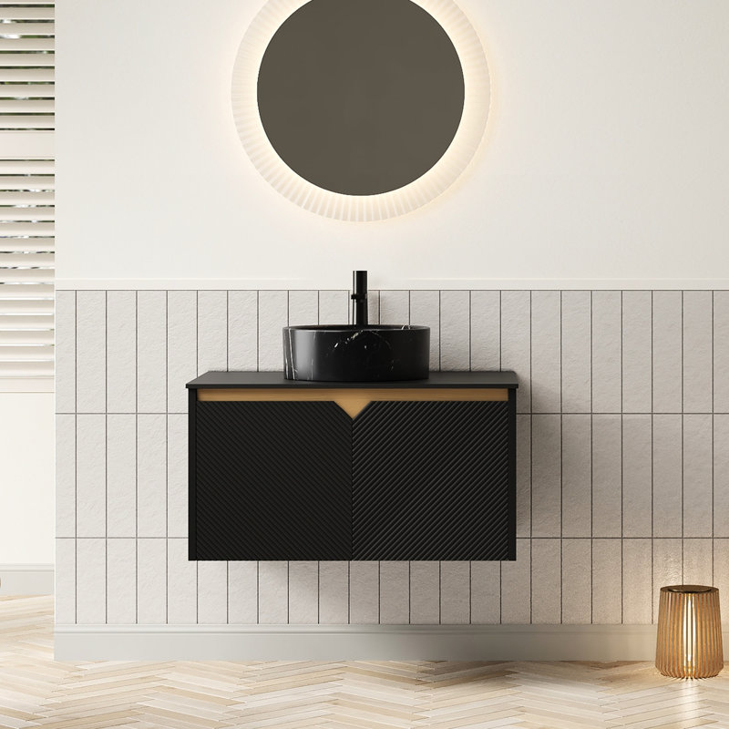 Meuble-lavabo de 30 po: vasque ronde en céramique noire, plateau en pierre frittée, portes d'armoire en bois massif sergé - Symmetry, système de fermeture en douceur, bassin de matériaux de qualité avec mécanisme de fermeture, facile à