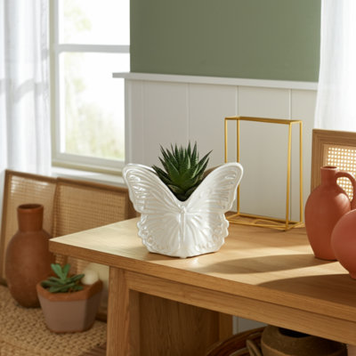Butterfly Ceramic Planter for Decorative Flower Pots – Compact Indoor Planter for Shelf or Tabletop – Stylish Outdoor Planters for Modern Homes – 7", Ivory