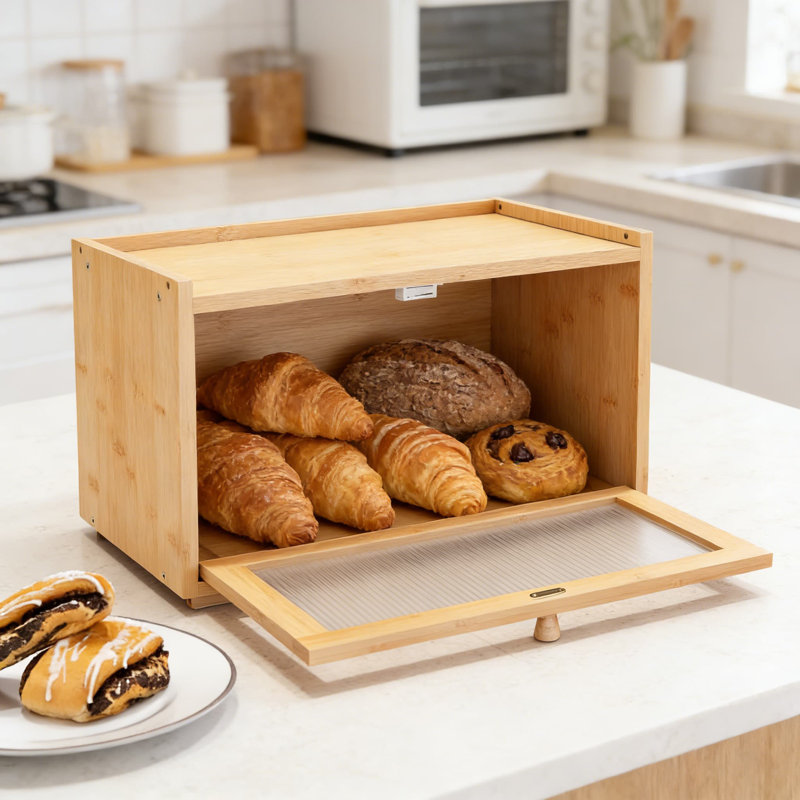 Grand contenant à pain avec porte en acrylique transparent ondulé, boîte à pain empilable en bambou pour comptoir de cuisine, garde-pain en bois de style maison de campagne avec plateau plat et base antidérapante