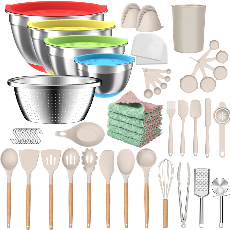 23 pièces de batterie de cuisine en silicone, ensemble de cuisine, batterie de cuisine antiadhésive sans BPA, 4 bols et passoire en acier inoxydable
