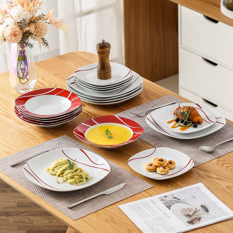 Ensemble de vaisselle décorative carrée en céramique 18 pièces, gris et rouge, moderne et audacieux, polyvalent et parfait pour recevoir ou offrir en cadeau