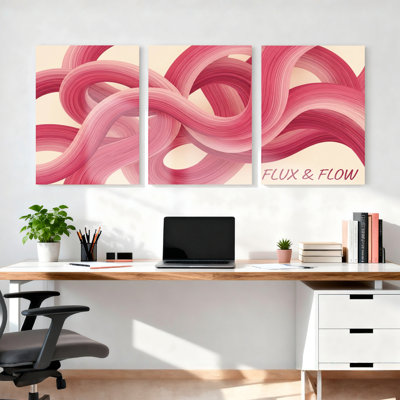 Flux et flux abstrait vagues roses sur toile tendue, ensemble de 3 reproductions de peinture à l'huile sur toile pour salon chambre à coucher