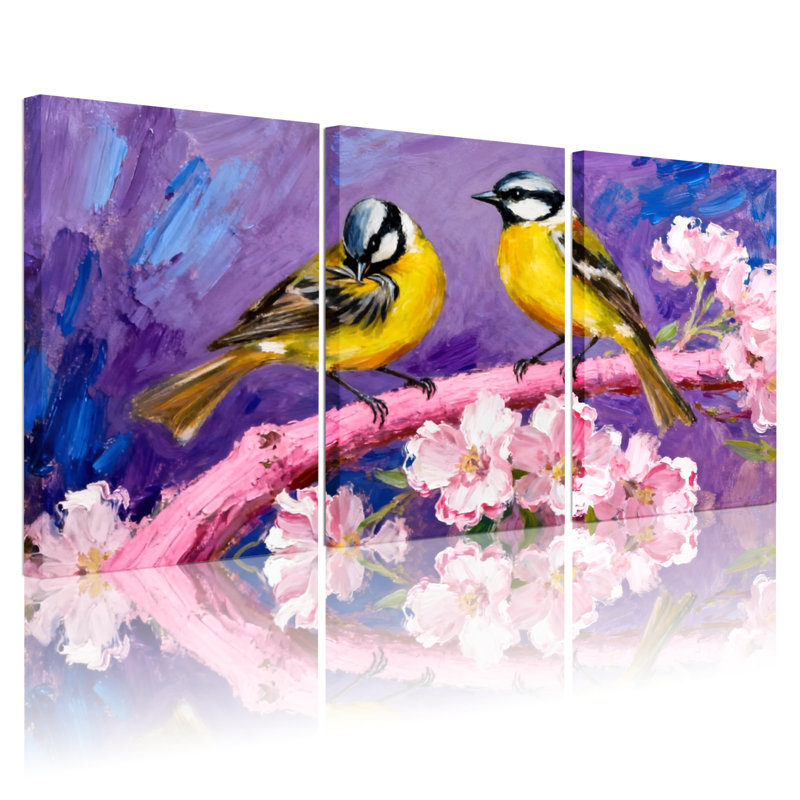 Oiseaux oiseaux perchés sur une branche d'art, ensemble de 3 impressions sur toile, H 30 po x l 60 po