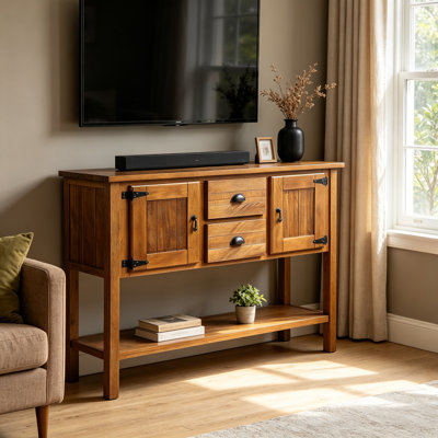 Buffet de console rétro en bois massif de 117 cm (46 pouces) avec 2 tiroirs, armoires de rangement et tablette inférieure ouverte.