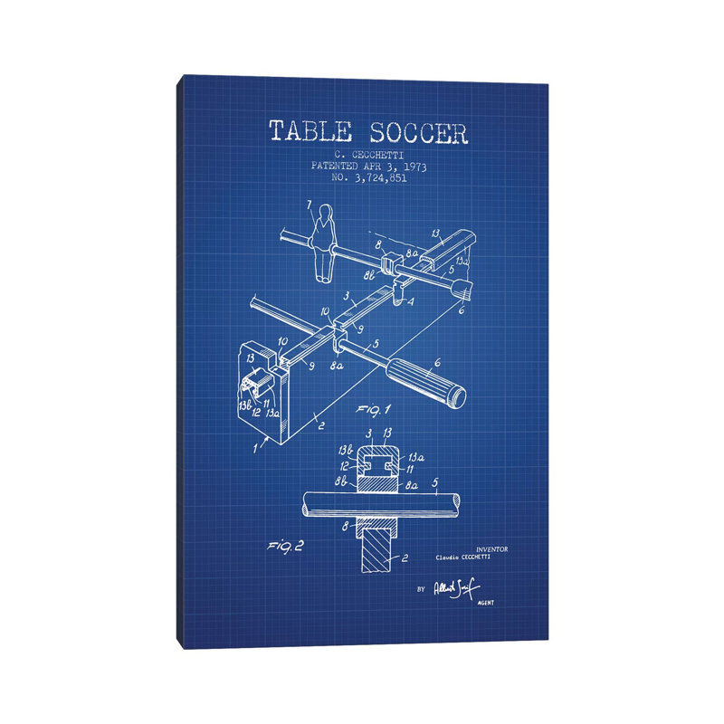 C. Cecchetti Table Soccer Patent Sketch (Blue Grid) by Aged Pixel - Wrapped Canvas Print, 101.6 cm H x 66.04 cm W x 1.91 cm D