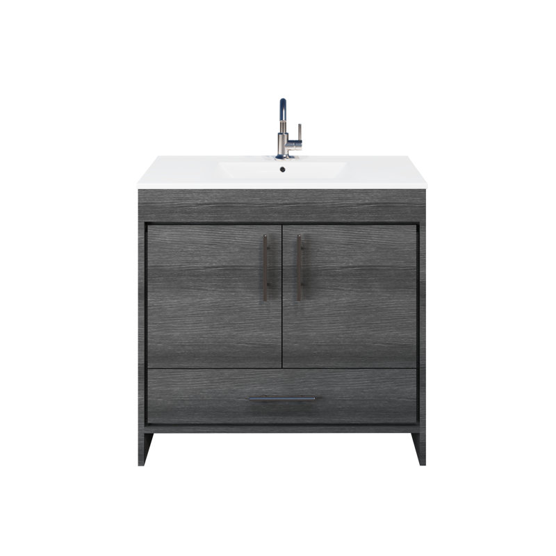 Sallisaw 36.13 " W Freestanding Standard Single Vanity Bathroom Vanity With Ceramic Top, Black Ash