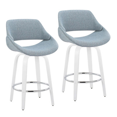 Modern Fixed-Height Counter Stool With Swivel In White Wood And Fabric With Round Chrome Footrest - Set Of 2