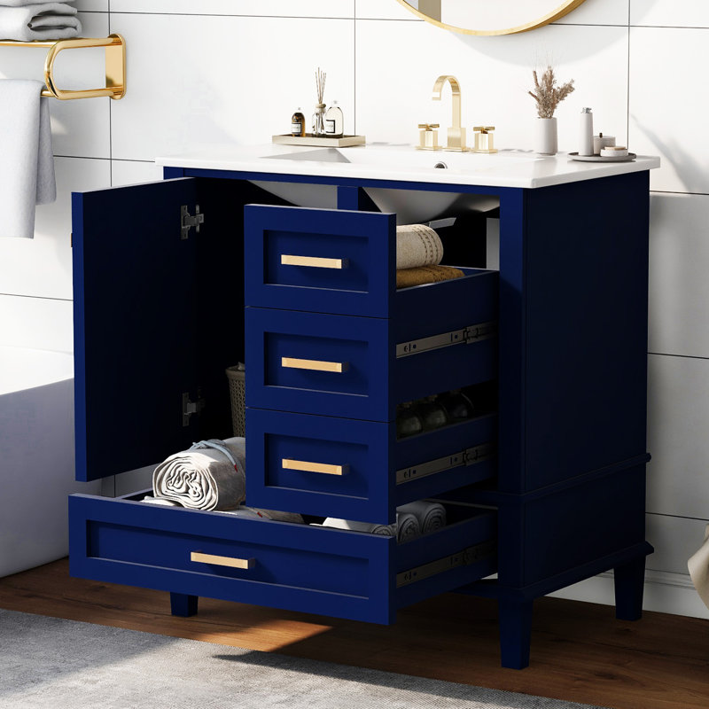 Blue 30" Solid Wood Bathroom Vanity with Ceramic Sink